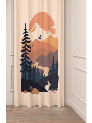 Greendecor Dağ Ağaç Orman Desenli Dijital Baskılı Fon Perde (Tek Kanat) Renkli Modern Tasarımlı Bohem Fon Perde