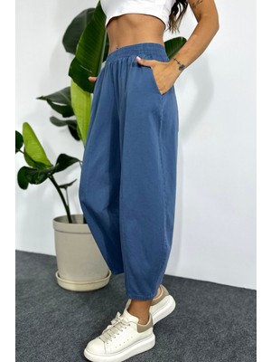 Nana & Mayka Moda Kadın Indigo Şalvar Pantolon Salaş Dört Mevsim Rahat Pamuk Lastikli Bel Günlük Model Gabardin