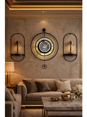 MetaQuartz Aksesuar 3'lü Siyah - Çark Pırlanta - 2 Adet Raf , Kırılmaz Camlı , Modern Dekoratif Metal Duvar Saati