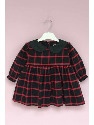 Bertuğ Bebek Bebe Yaka Ekose Siyah Kırmızı Kız Çocuk Bebek Örme Elbise