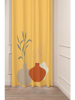 Greendecor Çiçek Vazo Bohem Minimalist Bej Desenli Özel Tasarım Dijital Baskılı (Tek Kanat) Modern Fon Perde