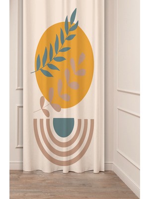 Greendecor Yaprak Bohem Minimalist Bej Krem Desenli Özel Tasarım Dijital Baskılı (Tek Kanat) Modern Fon Perde