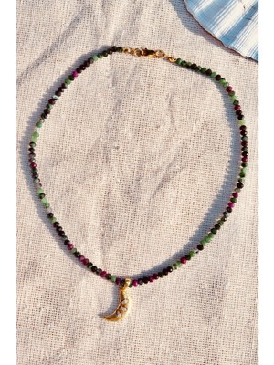 CAPO By Aytaç Yamaç Kök Yakut Zoisit Taşlı Altın Kaplama Gümüş Ay Hilal Kadın Kolye