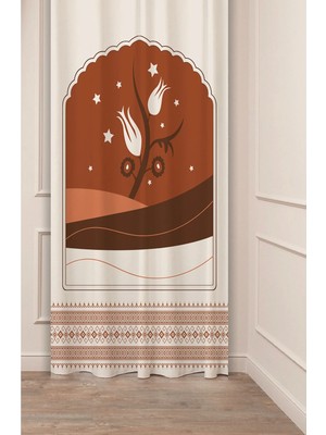 Greendecor Lale Çiçek Etnik Anadolu Motif Desenli Özel Tasarım Dijital Baskılı (Tek Kanat) Bej Krem Fon Perde