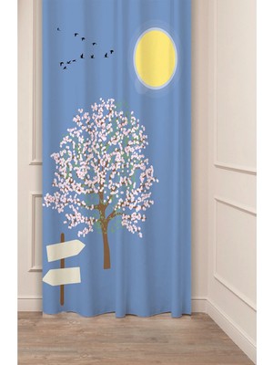 Greendecor Ağaç Kuşlar Güneş Yol Mavi Desenli Özel Tasarım Dijital Baskılı (Tek Kanat) Şık Modern Fon Perde