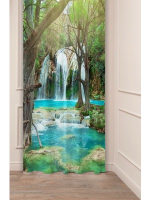 Greendecor Şelale Doğa Orman Turkuaz Su Dere Desenli Özel Tasarım Dijital Baskılı (Tek Kanat) Modern Fon Perde