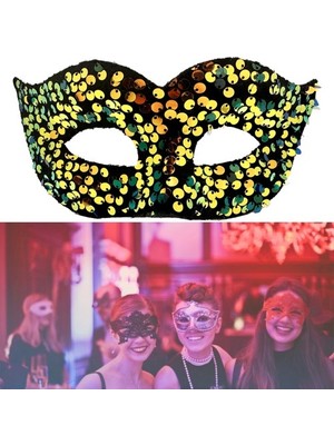 Homevia Altın Renk Arkadan Lastikli Pul Payet Işlemeli Balo After Parti Maskesi