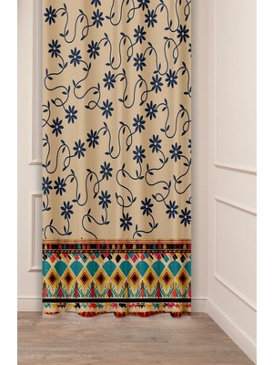 Greendecor Bohem Çiçek Yaprak Antika Desenli Özel Tasarım Dijital Baskılı (Tek Kanat) Modern Şık Tarz Fon Perde