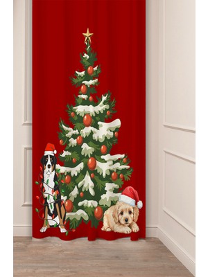 Greendecor Yılbaşı Çam Ağacı Noel Ağacı Kar Yeni Yıl Christmas Desenli Özel Tasarımlı Dijital Baskılı Fon Perde