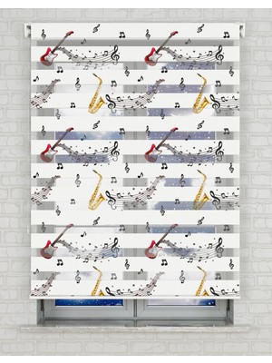 BRIGHTCOVER Saksafon ve Notalar Baskılı Zebra Perde - Gece Gündüz - Genç Odası Perdesi | Kokusuz Mürekkeple Basılmış  Zebra Perdeler ile Sende Tarzını Yansıt! | 1 Dakikada Pratik Montaj