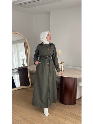 Moda Kadın Düğmeli Trençkot l Kendi Kumaşından Kemerli Model