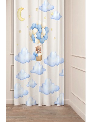 Greendecor Özel Tasarım Ayıcık Yıldız Ay Balon Desenli Dijital Baskılı (Tek Kanat) Çocuk Odası Modern Fon Perde