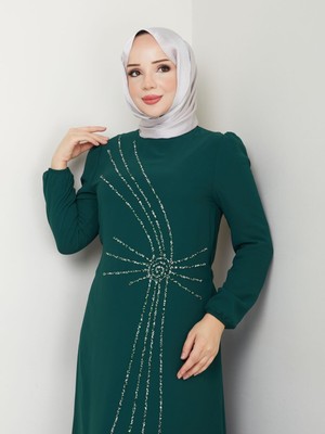 Hiramir Taş Işlemeli Asimetrik Abiye-42 - Zümrüt Yeşili