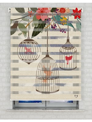 BRIGHTCOVER Kafes ve Kuşlar Baskılı Zebra Perde - Gece Gündüz - Salon Perdesi, Mutfak Perdesi | Kokusuz Mürekkeple Basılmış  Zebra Perdeler ile Sende Tarzını Yansıt! | 1 Dakikada Pratik Montaj