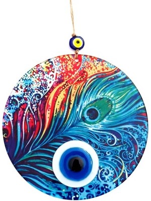 Homevia Tavus Kuşu Tüyü Desenli  Füzyon Camdan El Yapımı Nazar Boncuklu Duvar Süsü