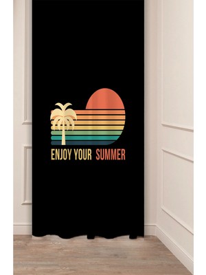 Greendecor Enjoy Your Summer Vibes Yaz Palmiye Güneş Desenli Özel Tasarım Dijital Baskılı (Tek Kanat) Fon Perde