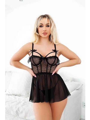 Veloria Kadın Siyah Puantiyeli Dantel Işlemeli Askılı Şifon Şık ve Cesur Babydoll Gecelik
