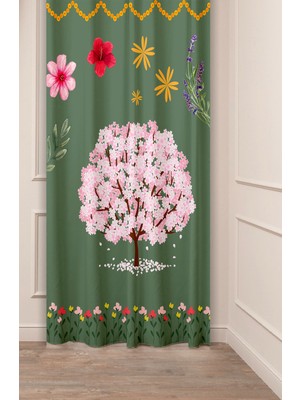 Greendecor Bohem Çiçek Yaprak Antika Desenli Özel Tasarım Dijital Baskılı (Tek Kanat) Modern Şık Tarz Fon Perde