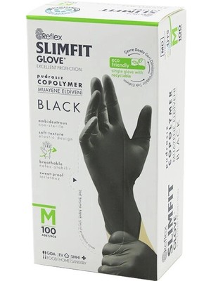 Go İthalat Reflex Slimfit Glove KOD-032 M Siyah Pudrasız Muayene Eldiven 100LÜ (5468)