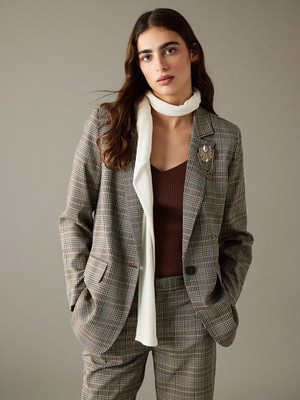LC Waikiki Kadın Blazer Ceket Bej Ekose Loose Kalıp Polyester Elastan Viskoz Düğmeli