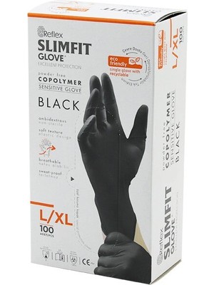 Go İthalat Reflex Slimfit Glove KOD-031 L-Xl Siyah Pudrasız Muayene Eldiven 100LÜ (5468)