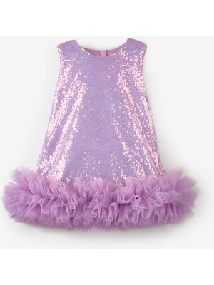 Lila  Etek Ucu Tüllü Pullu Kız Çocuk Elbise - Evie