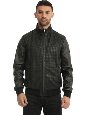 Bueno Shoes Siyah Kare Baskı Deri Erkek Deri Mont 23MM107 23MM107