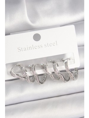 FRY Pirinç Gümüş Renk Zirkon Taşlı 3 Çift Kalp Model Kadın Küpe - Lisinya