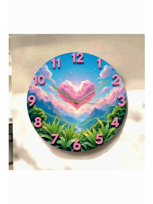 AA Shop Kalp Doğa Sevgili Renkli Baskı Desenli Sayılı Hediyelik Ahşap Sessiz Tablo Duvar Saati 620