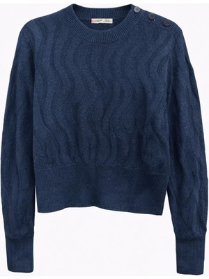 Mixray 2041 Kadın Kendinden Desenli Düğme Detaylı Triko Kazak Lacivert