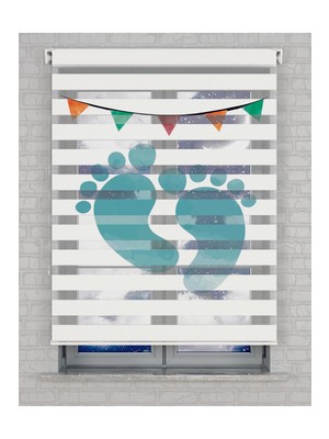 BRIGHTCOVER Mavi Ayak Izi Baskılı Zebra Perde - Gece Gündüz - Erkek Çocuk Odası Perdesi, Bebek Odası Perdesi | Kokusuz Mürekkeple Basılmış  Zebra Perdeler ile Sende Tarzını Yansıt! | 1 Dakikada Pratik Montaj