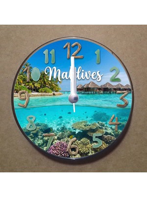 Bsb Maldivler Temalı Magnet Saat Buzdolabı Süsü Duvar Saati 10,5cm MS3008