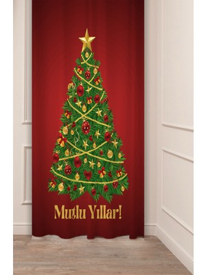 Greendecor Yılbaşı Çam Ağacı Noel Ağacı Kar Yeni Yıl Christmas Desenli Özel Tasarımlı Dijital Baskılı Fon Perde