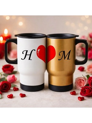 Bk Gift Kişiye Özel Sevgili Çift Tasarımlı 2’li Kulplu Beyaz&gold Çelik Termos Mug 450 ml -8, Sevgiliye Hediye, Sevgililer Günü Hediyesi