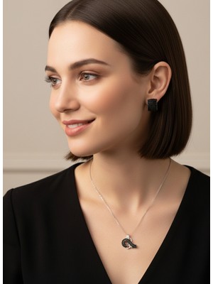 Keskin Gümüş Gümüş Tuğra Tasarım  Siyah Kolye Halka Küpe Kadın Set Sevgililer Günü Hediye