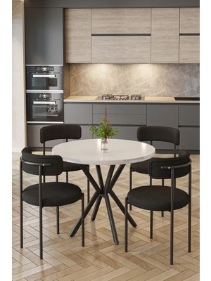 Baresmu Barted Masa Sandalye Takımı 4 Kişilik | Yuvarlak 90 cm | Teddy Sandalyeli Modern Tasarım