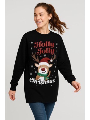 Şans Kadın Büyük Beden Siyah, Yeni Yıl, Yılbaşı Figürlü Uzun Tunik 65N39273