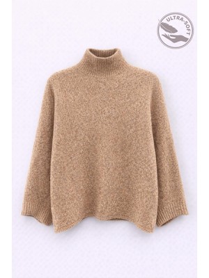 Mixray 6998 Kadın Yarasa Kol Yün Karışımlı Balıkçı Yaka Triko Kazak Camel