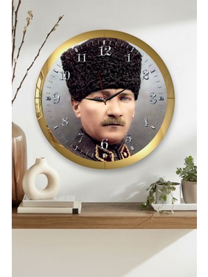 Zevahir Mobilya Dekorasyon Gold Çerçeveli Mustafa Kemal Atatürk Temalı Yuvarlak Mdf Duvar Saati