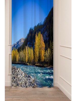 Greendecor Nehir Orman Doğa Tabiat Dağ Çam Ağacı Manzara Huzur Desenli Dijital Baskılı (Tek Kanat) Fon Perde