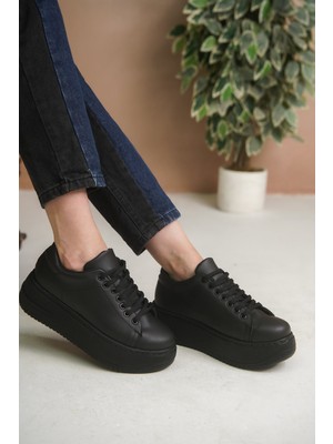 Craftique Siyah Kadın Sneaker Spor Ayakkabı Kalın Yüksek Tabanlı Bağcıklı Hafif Günlük ve Şık Kullanım