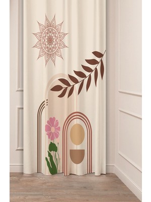 Greendecor Minimalist Soft Sade Pastel Yaprak Bohem Özel Tasarım Dijital Baskılı (Tek Kanat) Bej Krem Fon Perde