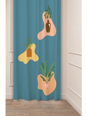Greendecor Vazo Yaprak Minimalist Bohem Desenli Özel Tasarım Dijital Baskılı (Tek Kanat) Sade Tarz Fon Perde