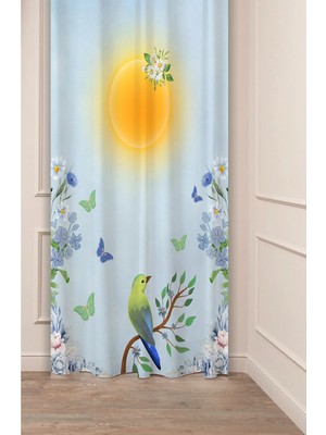 Greendecor Özel Tasarım Çiçek Yaprak Bülbül Güneş Papatya Desenli Dijital Baskılı (Tek Kanat) Modern Fon Perde