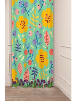 Greendecor Çiçekler Yaprak Çizgili Bohem Desenli Özel Tasarım Dijital Baskılı (Tek Kanat) Modern Şık Fon Perde