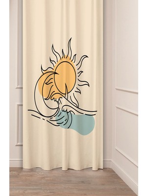Greendecor Bohem Ay Deniz Güneş Dalga Desenli Özel Tasarım Dijital Baskılı (Tek Kanat) Soft Modern Fon Perde