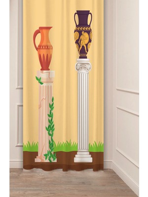 Greendecor Etnik Roma Antika Vazo Yaprak Mısır Desenli Bohem Özel Tasarım Dijital Baskılı (Tek Kanat) Fon Perde