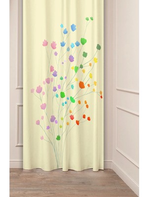 Greendecor Çiçekler Yaprak Çizgili Bohem Desenli Özel Tasarım Dijital Baskılı (Tek Kanat) Modern Şık Fon Perde