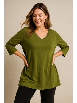 Şans Kadın Büyük Beden Yeşil, Organik Koton, V Yaka Dantel Detaylı, 3/4 Kol Bluz 65N39264