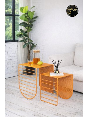 3art Metal Dekorasyon Modern Metal Yan Sehpa Seti - Delikli Tasarım |turuncu Dekoratif Sehpa